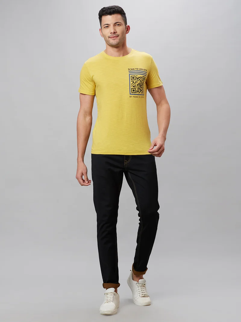 globus Globus Men Yellow Printed Round Neck Cotton Regular Fit Casual T-shirt